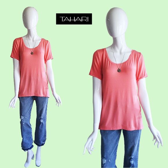Tahari Tops - TAHARI NEW Skater WHITNEY Electric Scoop Neck Short Sleeves Hi Lo Top L
